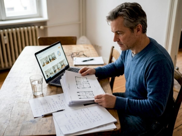 Ein Mann sitzt am Esstisch und nimmt die Unterlagen für seine Immobilien genau unter die Lupe.