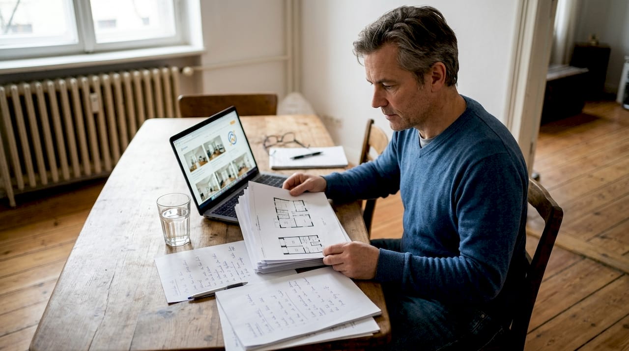 Ein Mann sitzt am Esstisch und nimmt die Unterlagen für seine Immobilien genau unter die Lupe.