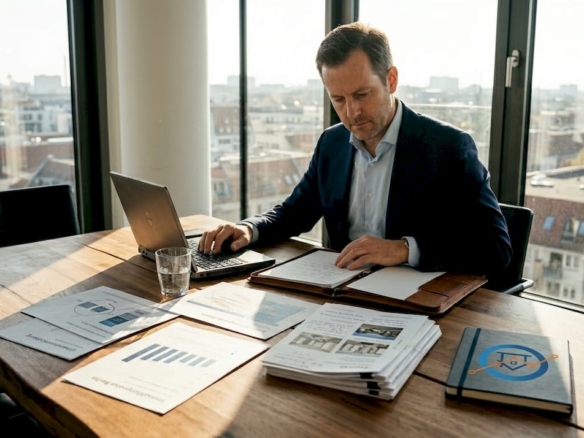 Der Inhaber arbeitet konzentriert und fokussiert in seinem Berliner Büro.