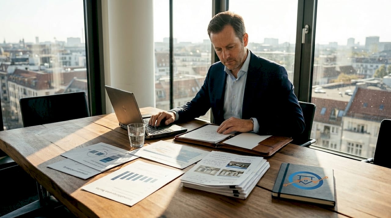 Der Inhaber arbeitet konzentriert und fokussiert in seinem Berliner Büro.