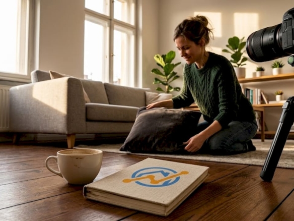 Eine Immobilienfotografin bereitet das Wohnzimmer sorgfältig für das Fotoshooting vor.