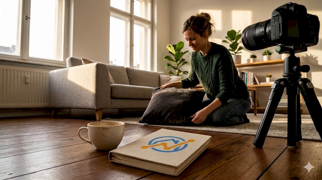 Eine Immobilienfotografin bereitet das Wohnzimmer sorgfältig für das Fotoshooting vor.