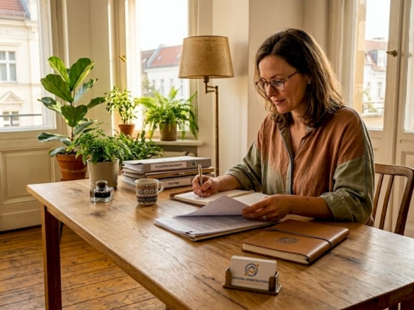 Immobilienprofi arbeitet im Berliner Homeoffice am Schreibtisch