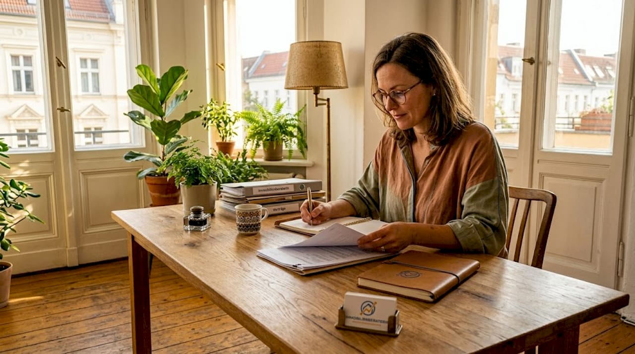 Immobilienprofi arbeitet im Berliner Homeoffice am Schreibtisch