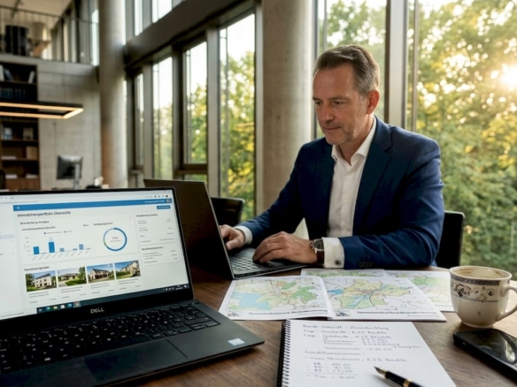 Ein Berater prüft im Potsdamer Büro aktuelle Investitionsmöglichkeiten.