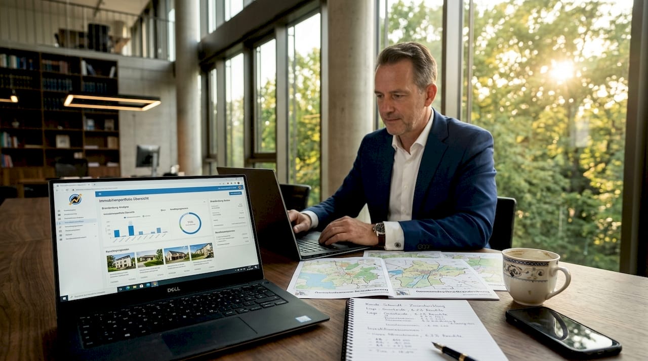 Ein Berater prüft im Potsdamer Büro aktuelle Investitionsmöglichkeiten.