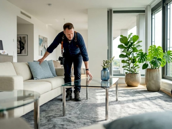 Der Fotograf arrangiert das Wohnzimmer, um es optimal für die Immobilienfotos in Szene zu setzen.