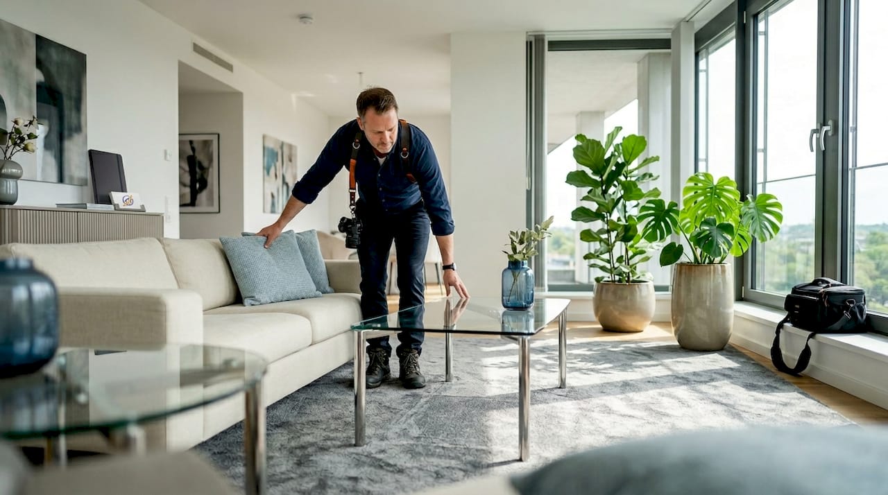 Der Fotograf arrangiert das Wohnzimmer, um es optimal für die Immobilienfotos in Szene zu setzen.