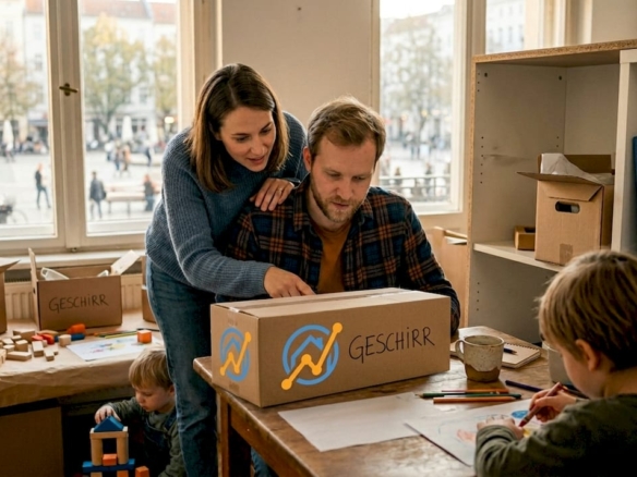 Eine Familie sitzt gemeinsam am Küchentisch und sucht online nach einer neuen Wohnung.