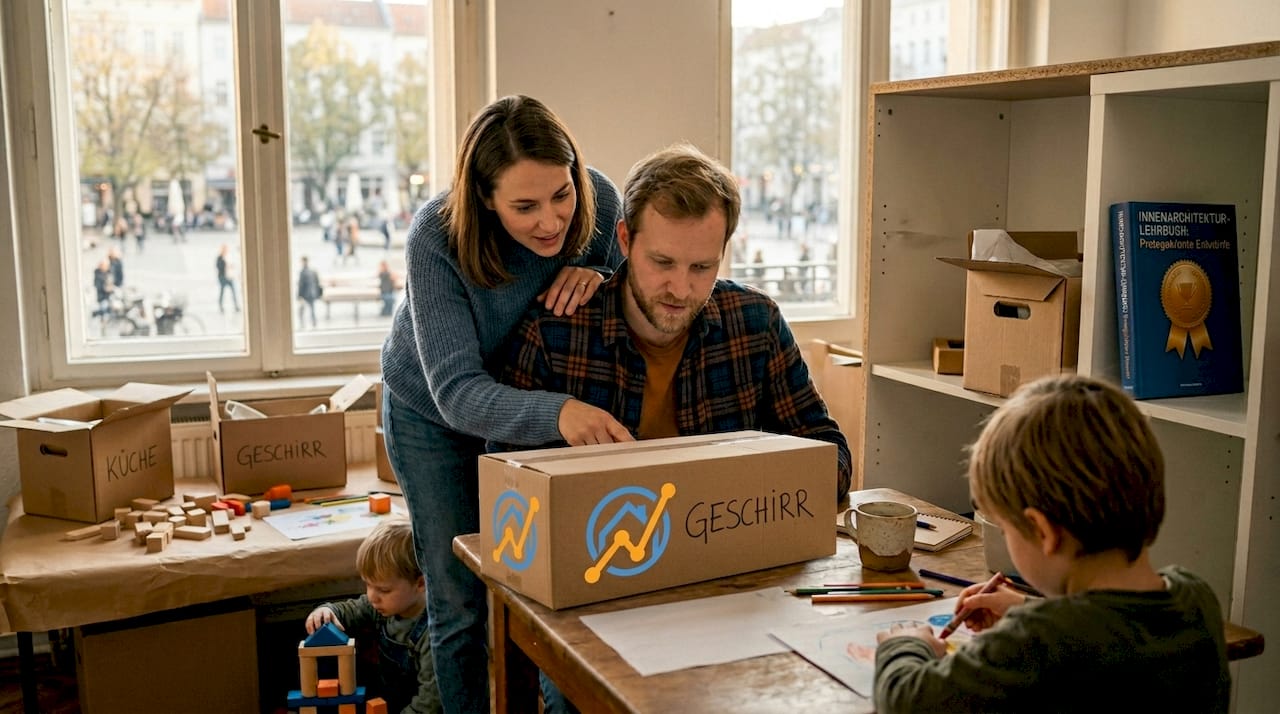 Eine Familie sitzt gemeinsam am Küchentisch und sucht online nach einer neuen Wohnung.