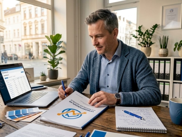 Der Immobilienmakler sitzt am Tisch und studiert aufmerksam den Vermarktungsplan.