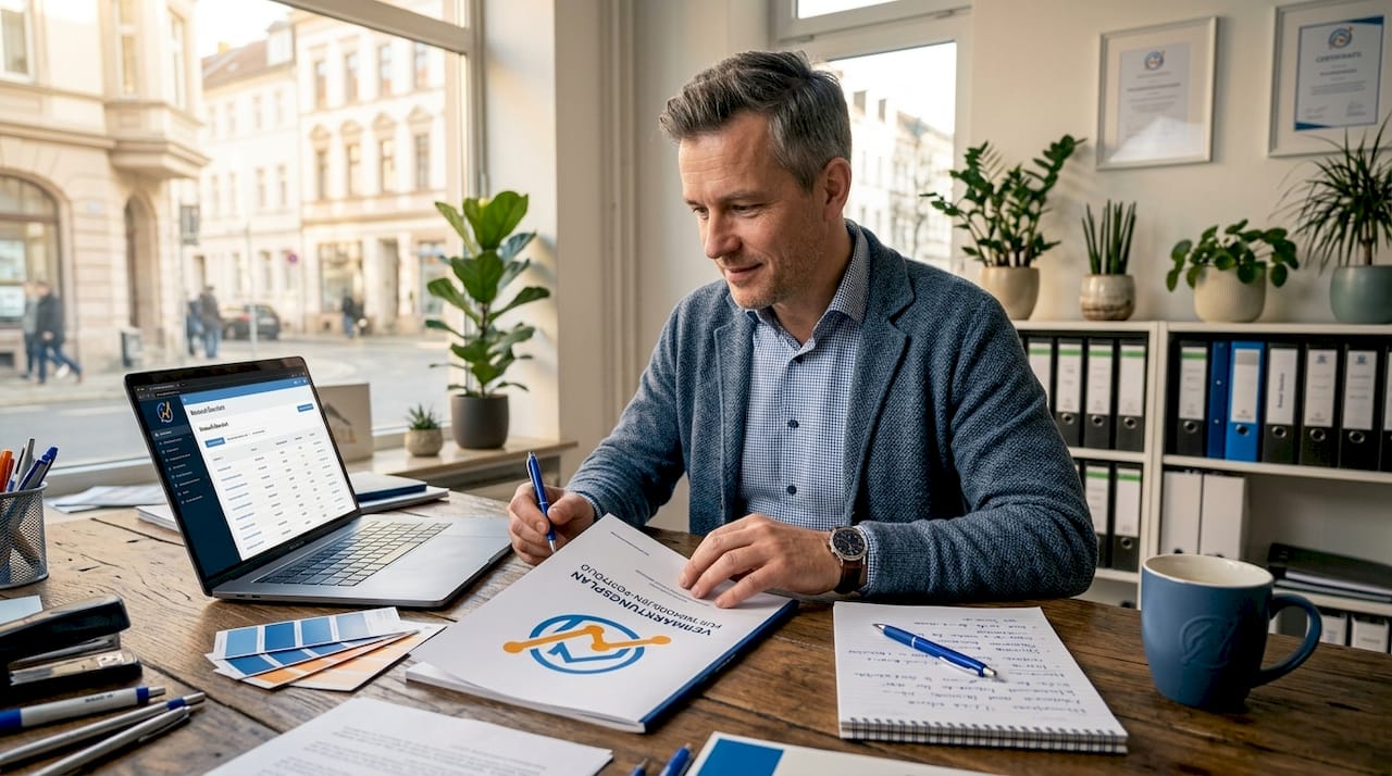 Der Immobilienmakler sitzt am Tisch und studiert aufmerksam den Vermarktungsplan.