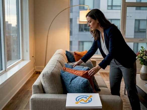Ein Immobilienmakler richtet im sorgfältig eingerichteten Wohnzimmer die Kissen her, um eine einladende Atmosphäre für Interessenten zu schaffen.