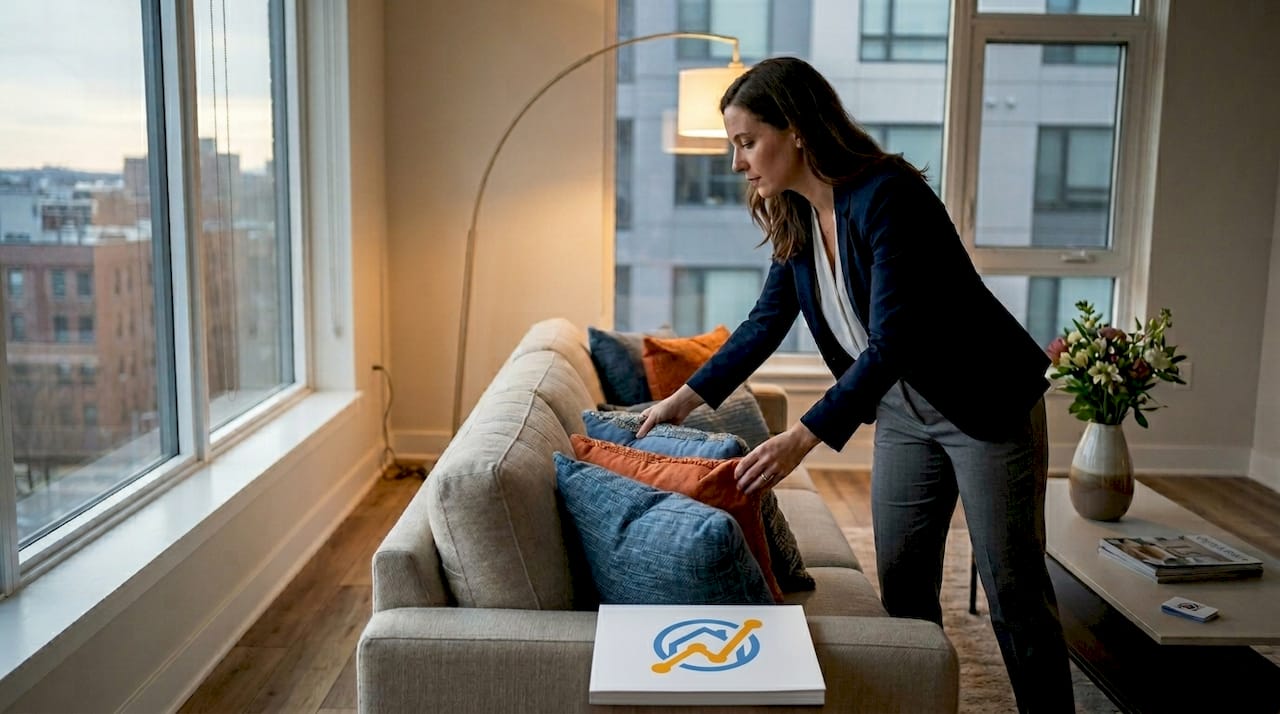 Ein Immobilienmakler richtet im sorgfältig eingerichteten Wohnzimmer die Kissen her, um eine einladende Atmosphäre für Interessenten zu schaffen.