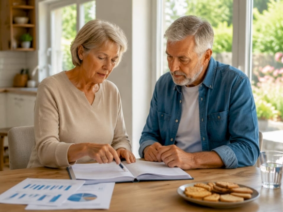 Ein älteres Ehepaar informiert sich über die Möglichkeiten der Immobilienverrentung.