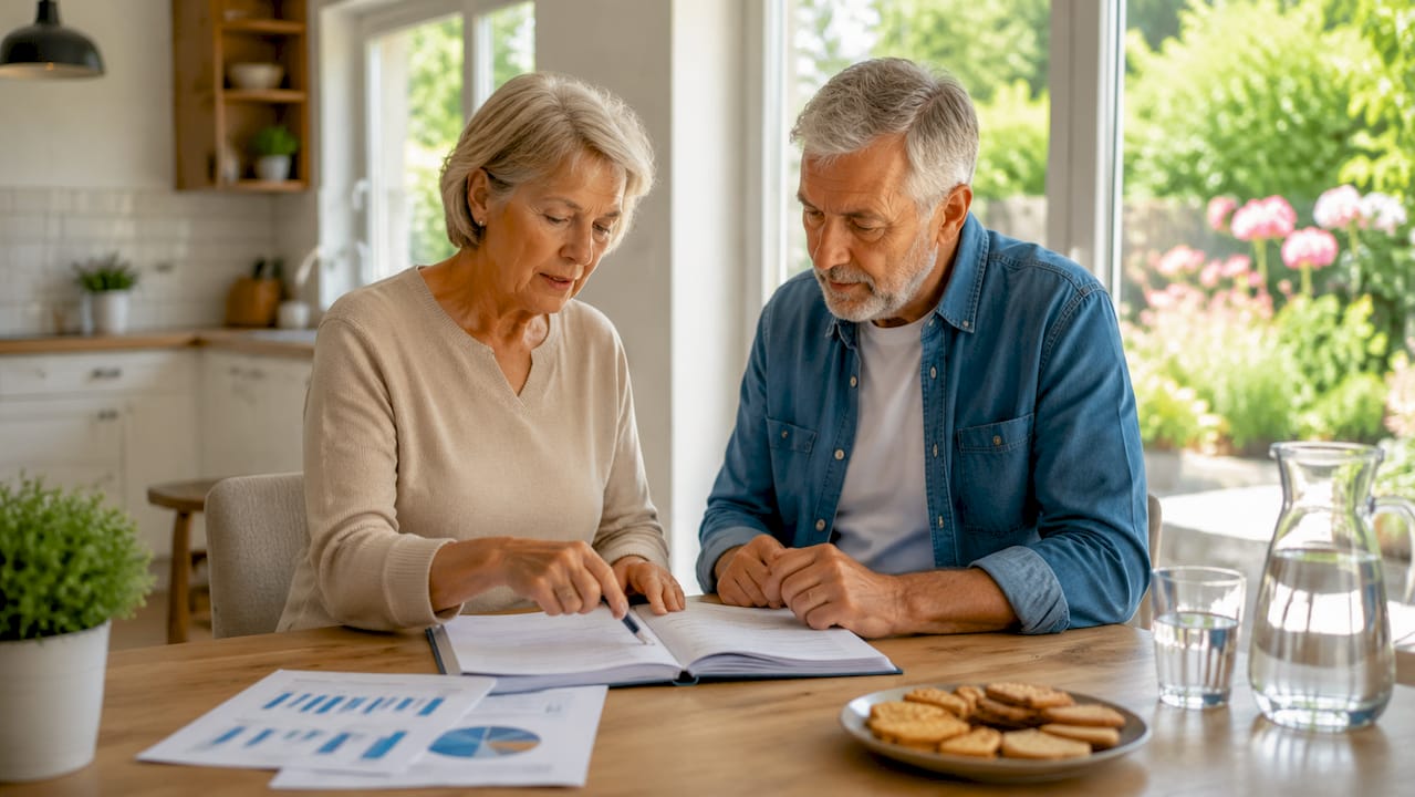 Ein älteres Ehepaar informiert sich über die Möglichkeiten der Immobilienverrentung.