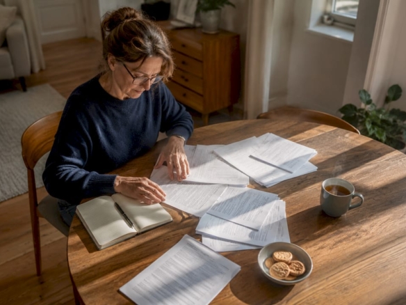Eine Frau prüft Unterlagen zum geerbten Immobilienbesitz.