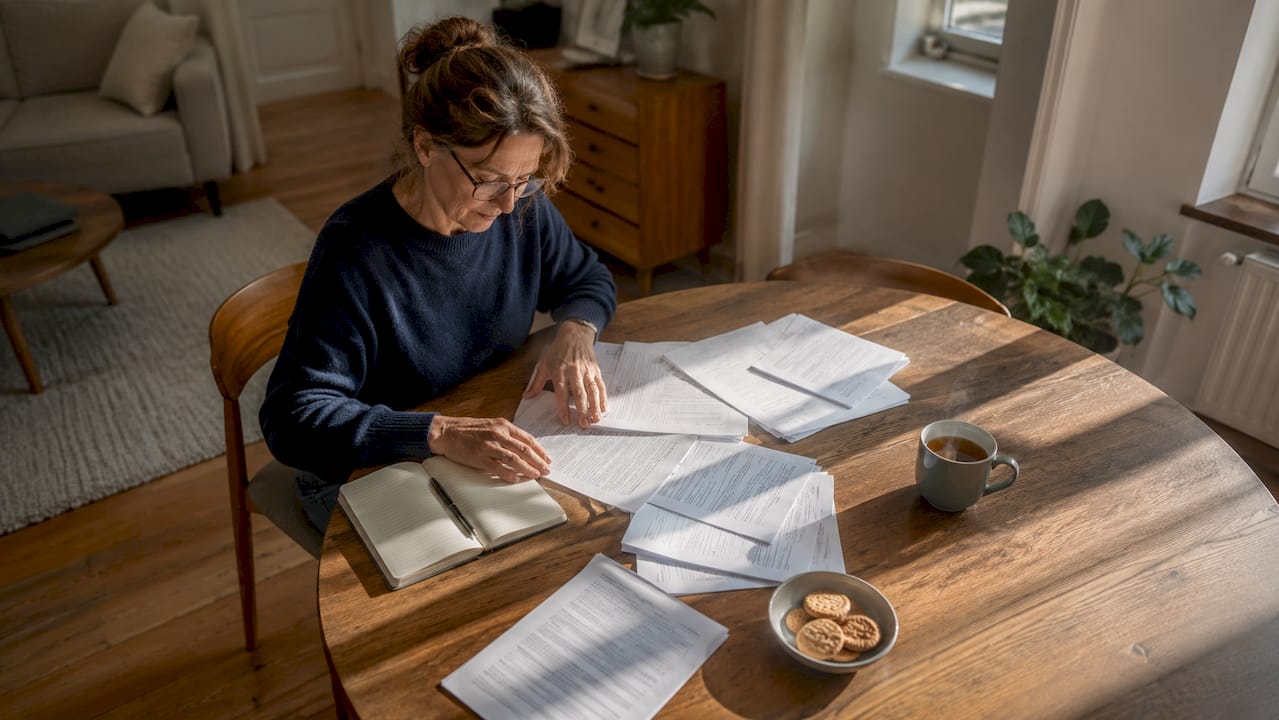 Eine Frau prüft Unterlagen zum geerbten Immobilienbesitz.
