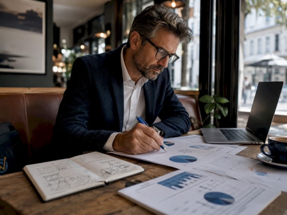 Ein Investor analysiert am Schreibtisch aktuelle Marktberichte.