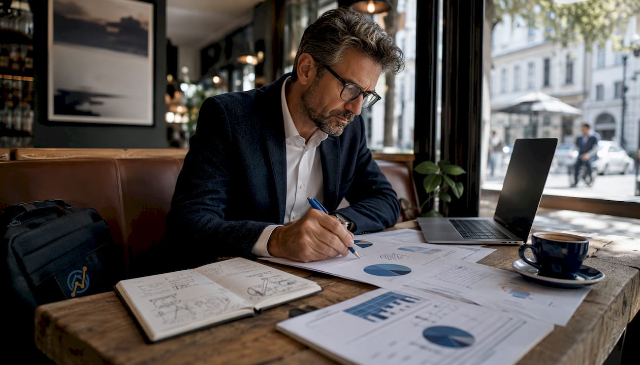 Ein Investor analysiert am Schreibtisch aktuelle Marktberichte.