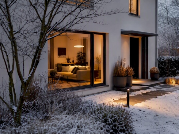 Modernes Haus im Winter mit warmem Innenlicht