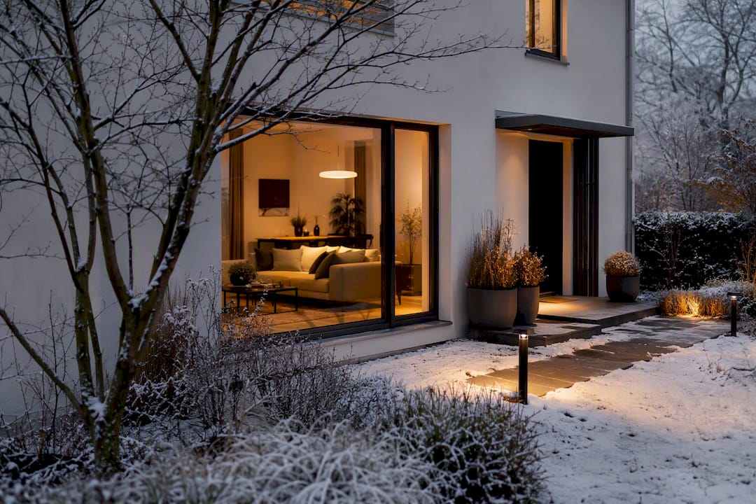 Modernes Haus im Winter mit warmem Innenlicht